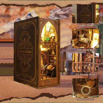Book Nook Kit, Mojino Diy Miniature 3D Puzzle Wooden Bookends Doll House With Led Lights For Bookshelf Decor, Tiny Miniverse Mod
