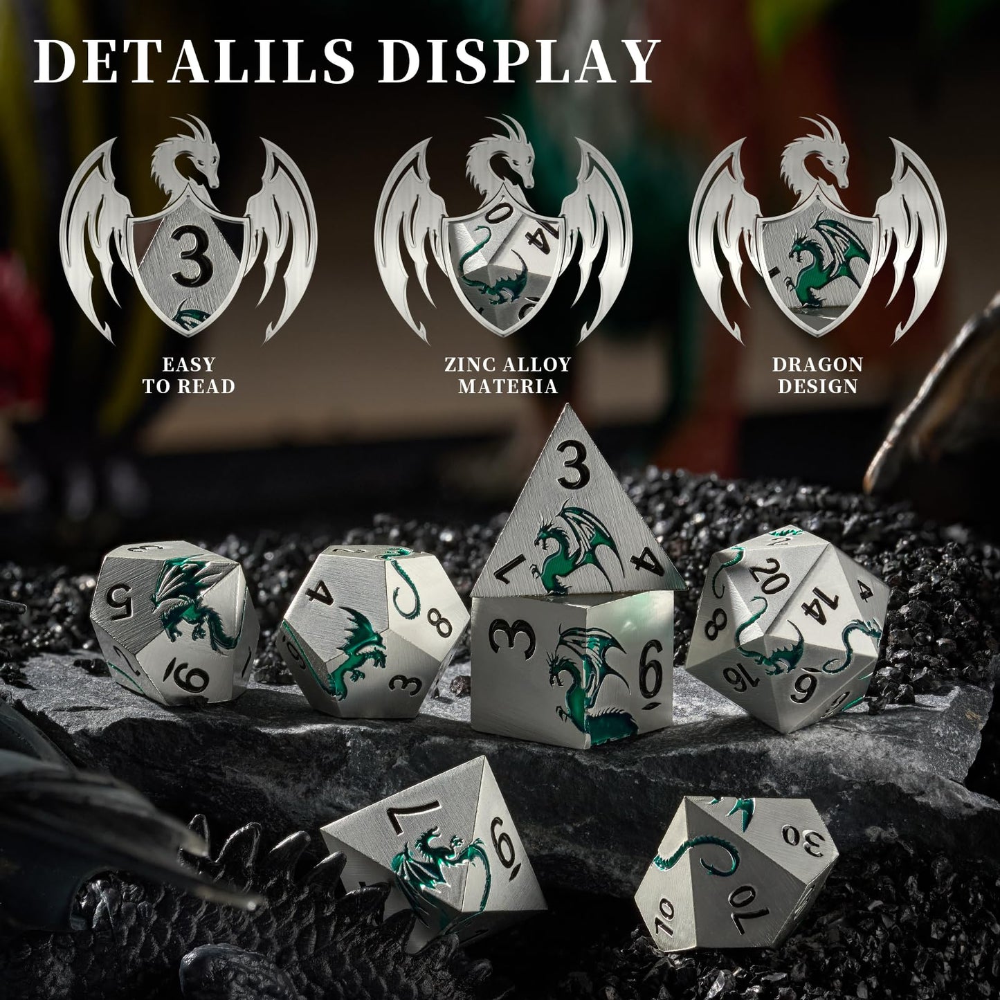 HNCCESG Metal DND Dice Set,Blue Dragon Heavy Metal Dice Set D&D,Dungeons and Dragon TTRPG Role Playing Table Games(Sliver Green