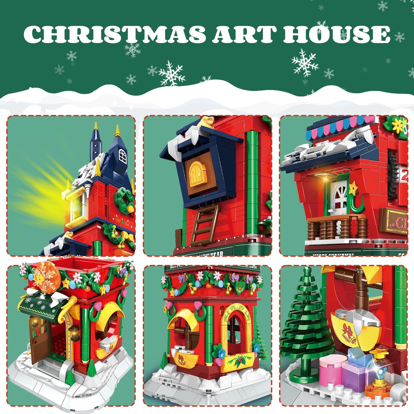 Christmas Countdown Tower House Building Toys - LED Light Christmas Village House Building Set with Countdown Clock  Festival Model Gift Idea for Kids 6+