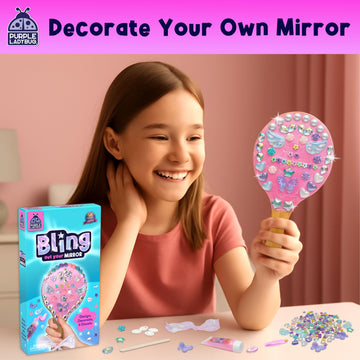 PURPLE LADYBUG Decorate Your Own Bling Out Mirror Craft Kit for Girls - DIY Craft Set with Wooden Handheld Mirror, Gems, & Beads
