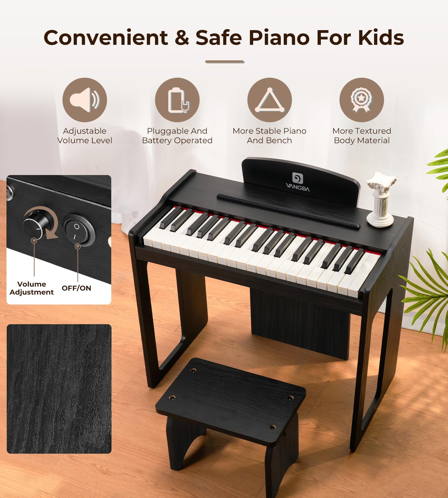 Vangoa Kids Piano Keyboard, 37 Keys Digital Piano For Kids, Music Educational Instrument Toy, Wood Piano For Girls And Boys,Classic Black
