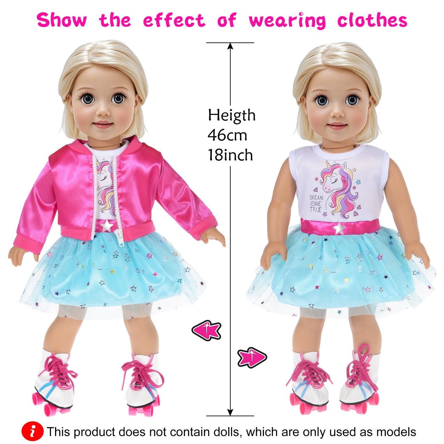 18 Inch Doll Clothes And Doll Accessories Case Luggage Travel Play Set Include Suitcase, Jacket, Dresses, Backbag, Roller Shoes, Hairband, Sticker Etc (No Doll)