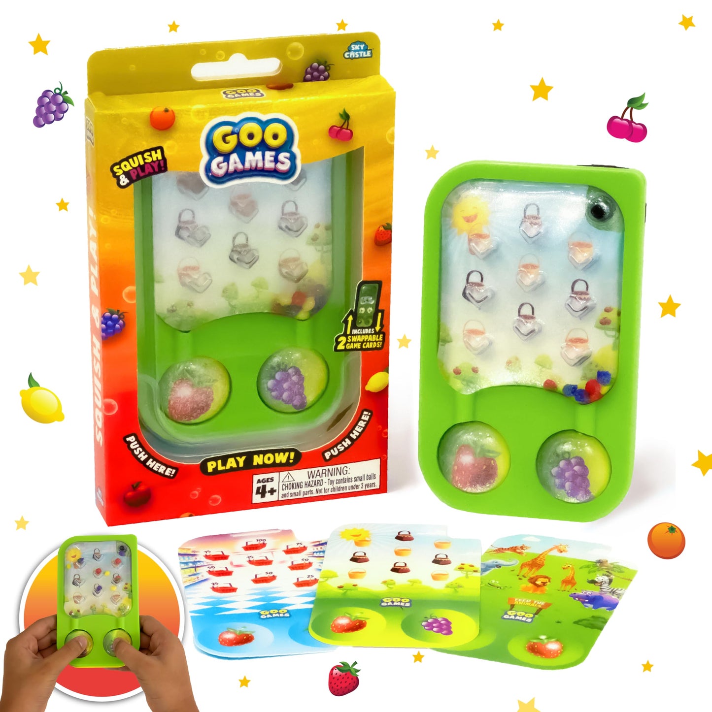Sky Castle GooGames Hand-Held Water Game, Medium Size, Non-Toxic Plastic, Refillable, Fruits Color, 3 Game Cards Included