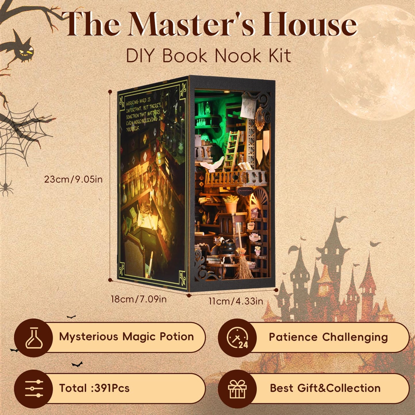 Toyqi Diy Book Nook Kit, 3D Wooden Puzzle Dollhouse Miniature House Kit Bookshelf Insert Decoration With Led Light, Diy Bookend