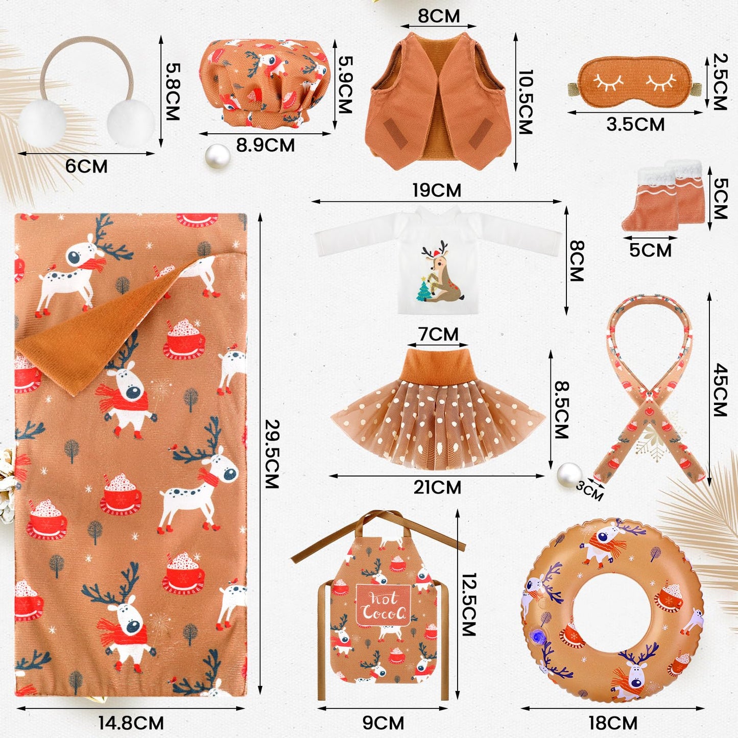 11 Pcs Christmas Elf Accessories Include Brown Elf Doll Sleeping Bag Apron Chef Hat Ear Muffs Scarf Top Shorts Vest Ski Ring Eye