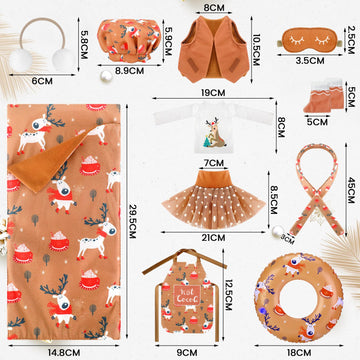11 Pcs Christmas Elf Accessories Include Brown Elf Doll Sleeping Bag Apron Chef Hat Ear Muffs Scarf Top Shorts Vest Ski Ring Eye