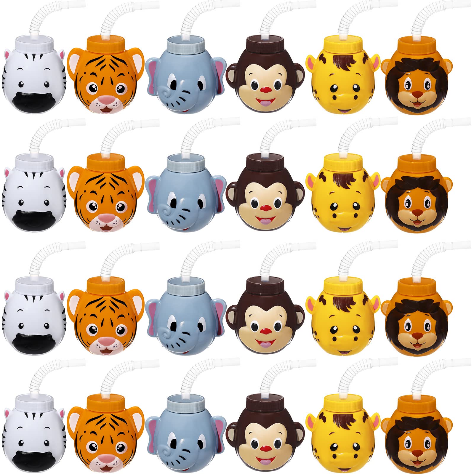 24 Set Zoo Animal Cups with Straws and Lids, 10 oz Plastic Reusable Safari Jungle Animal Theme Party Kids Cups for Elephant, Mon