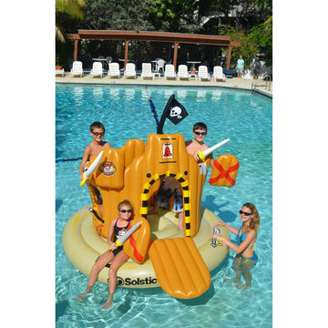 Swimline Giant Inflatable Pirate Castle Pool Float For Kids And Adults Size| Floating Kingdom Raft Lounger Combo With Gate Shield Windows & Accessories For Pools Lakes Beach | Fits Up To 4 People