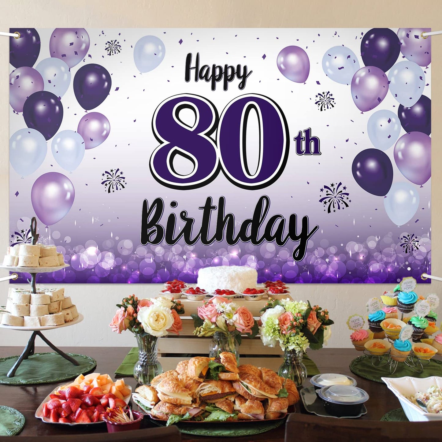 LASKYER 80th Birthday Decorations, Purple Balloon Banner, Polyester, P-BH-80, Cheers to Eighty Years, Large Backdrop Sign