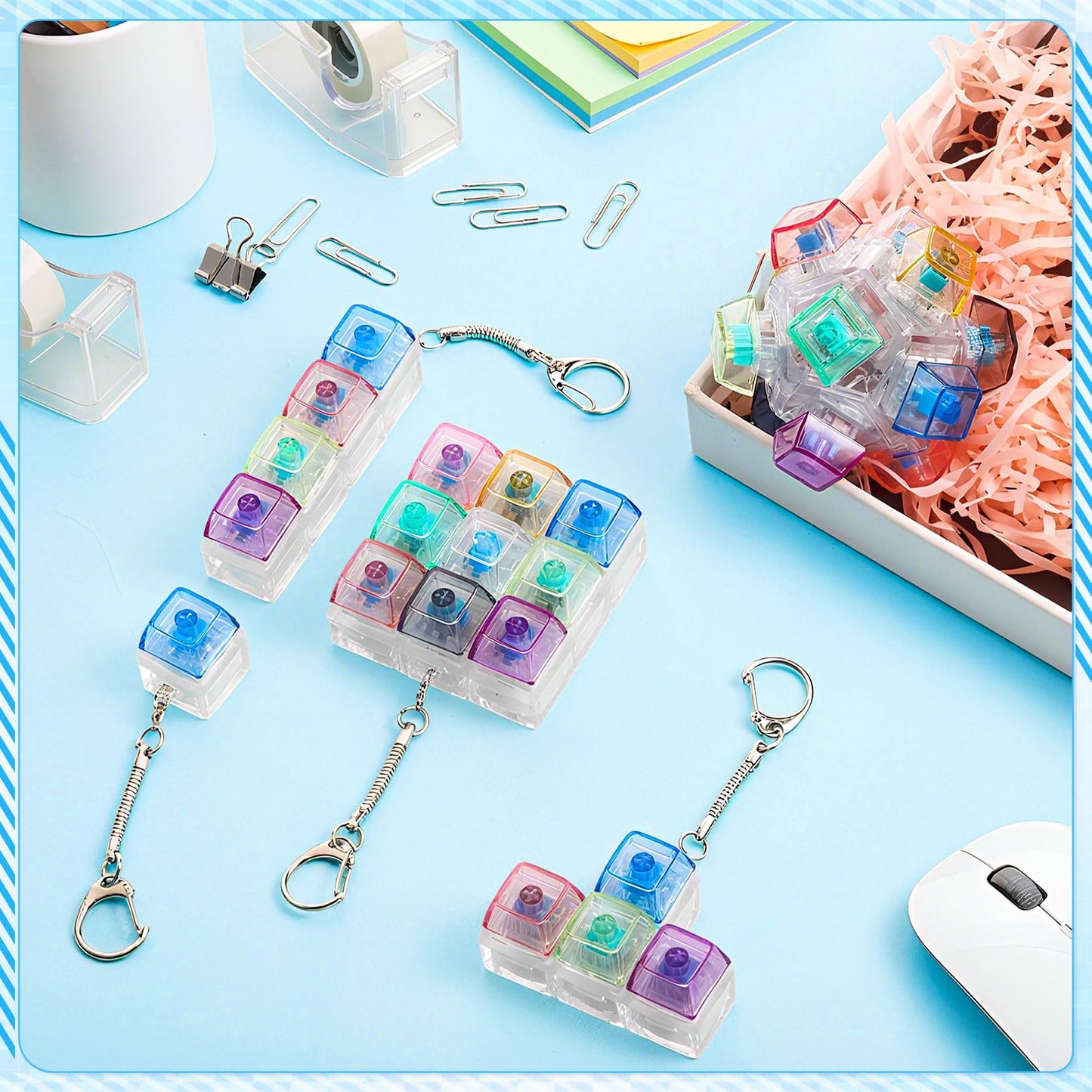 Halloscume 5 Pcs Keyboard mature-themed Fidget Toy Clicker Toy in 5 Styles Keyboard Fidget Keychain Cube Mechanical Key Button Clicker Stress Relief Gift for Office Home Pass Time(Color Transparent)