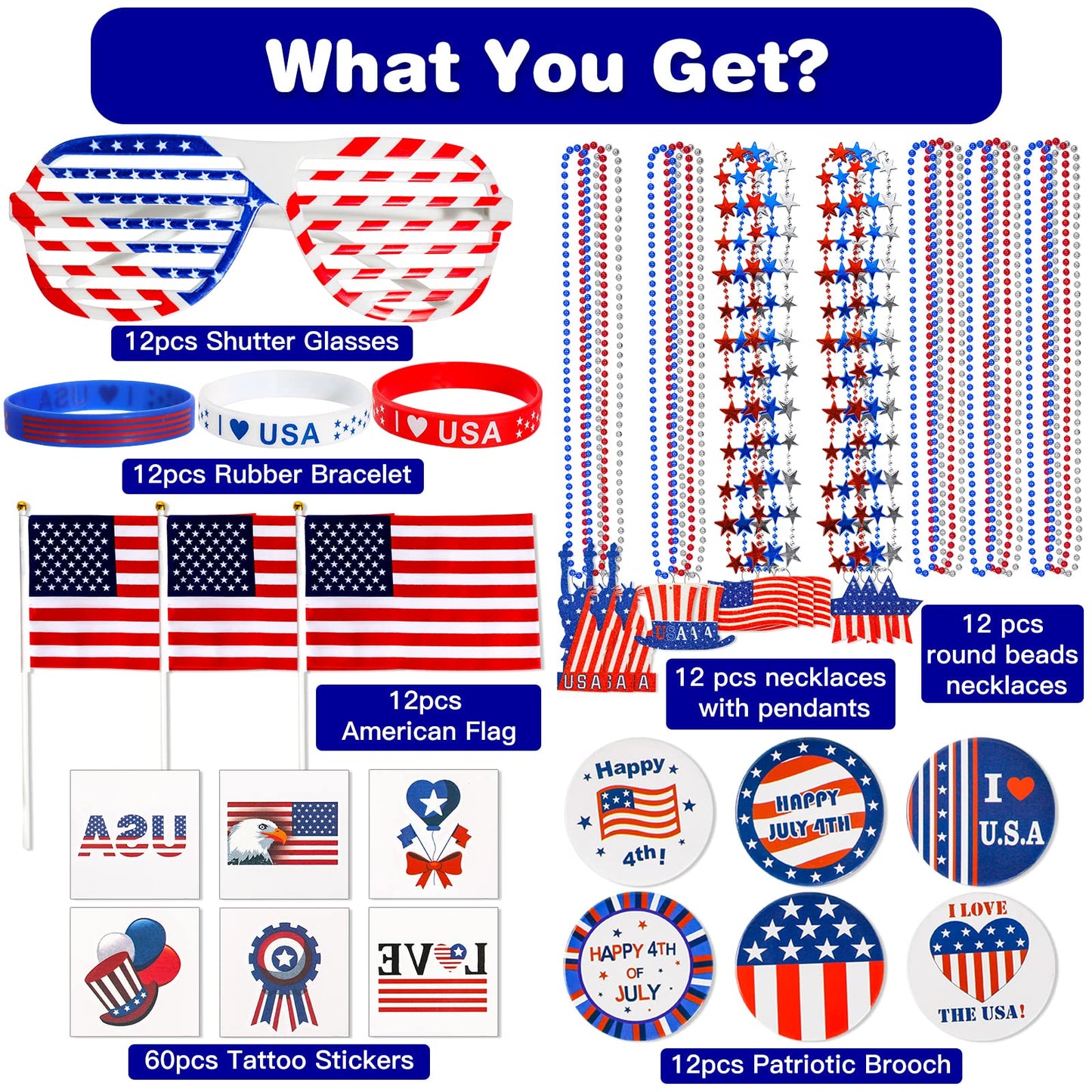 Garma 132Pcs Patriotic Party Favors Decorations Supplies Includes Shutter Of July Independence Day Celebraeaded Necklaces Glasse