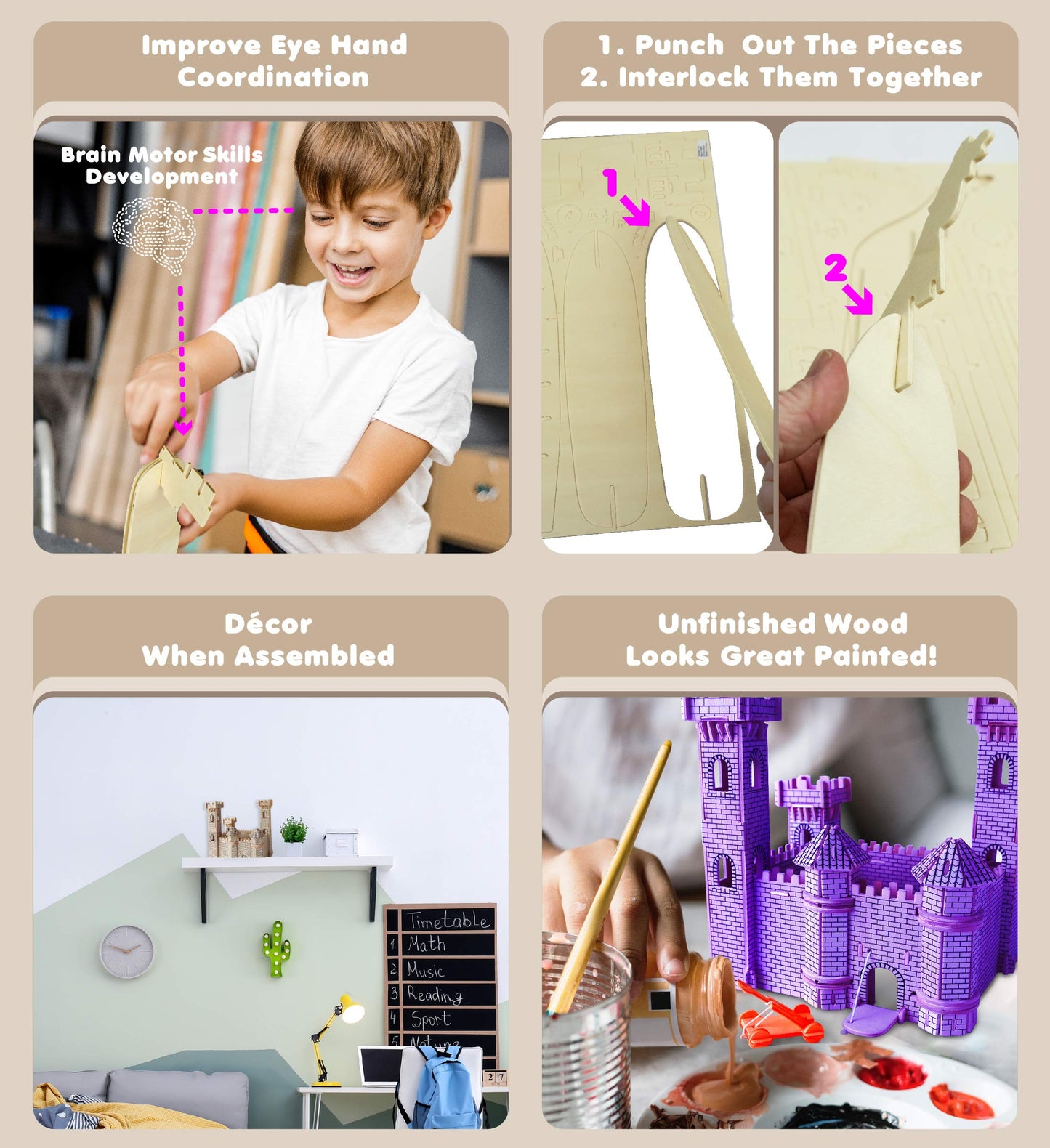 Puzzled 3D Puzzle Castle Set Wood Craft Construction Model Kit, Fun & Educational Diy Wooden Toy Assemble Model Unfinished Crafting Hobby Puzzle To Build And Paint For Decoration 182 Pieces Pack