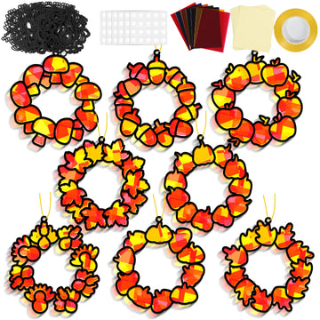 32 Sets Fall Thanksgiving Wreath Suncatchers Craft Kit DIY Window Stained Glass Effect autumn Wreath Paper Crafts Home School Cl