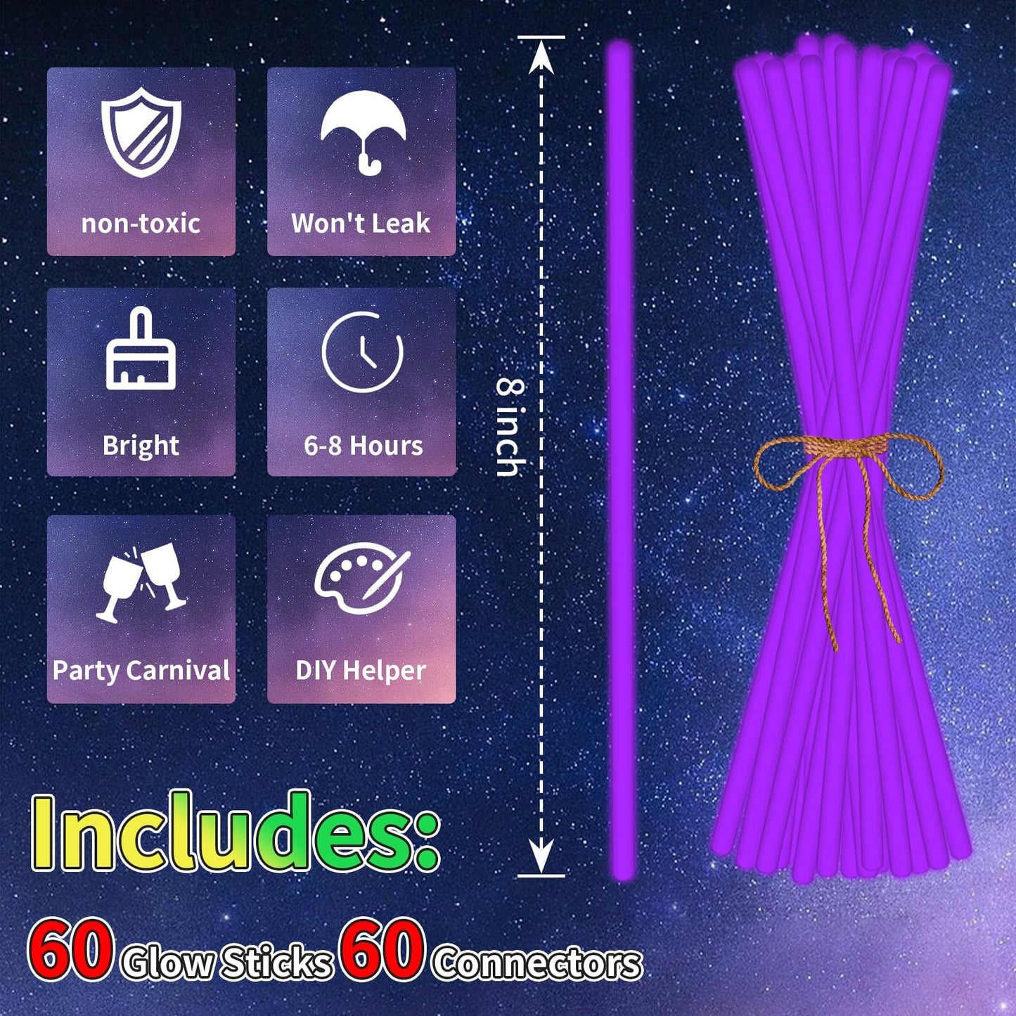 Taikula 60 Pack 8    Purple Glow Sticks Bulk with 60 Connectors Neon Glow In The Dark Party favors Supplies for Holiday Birthday