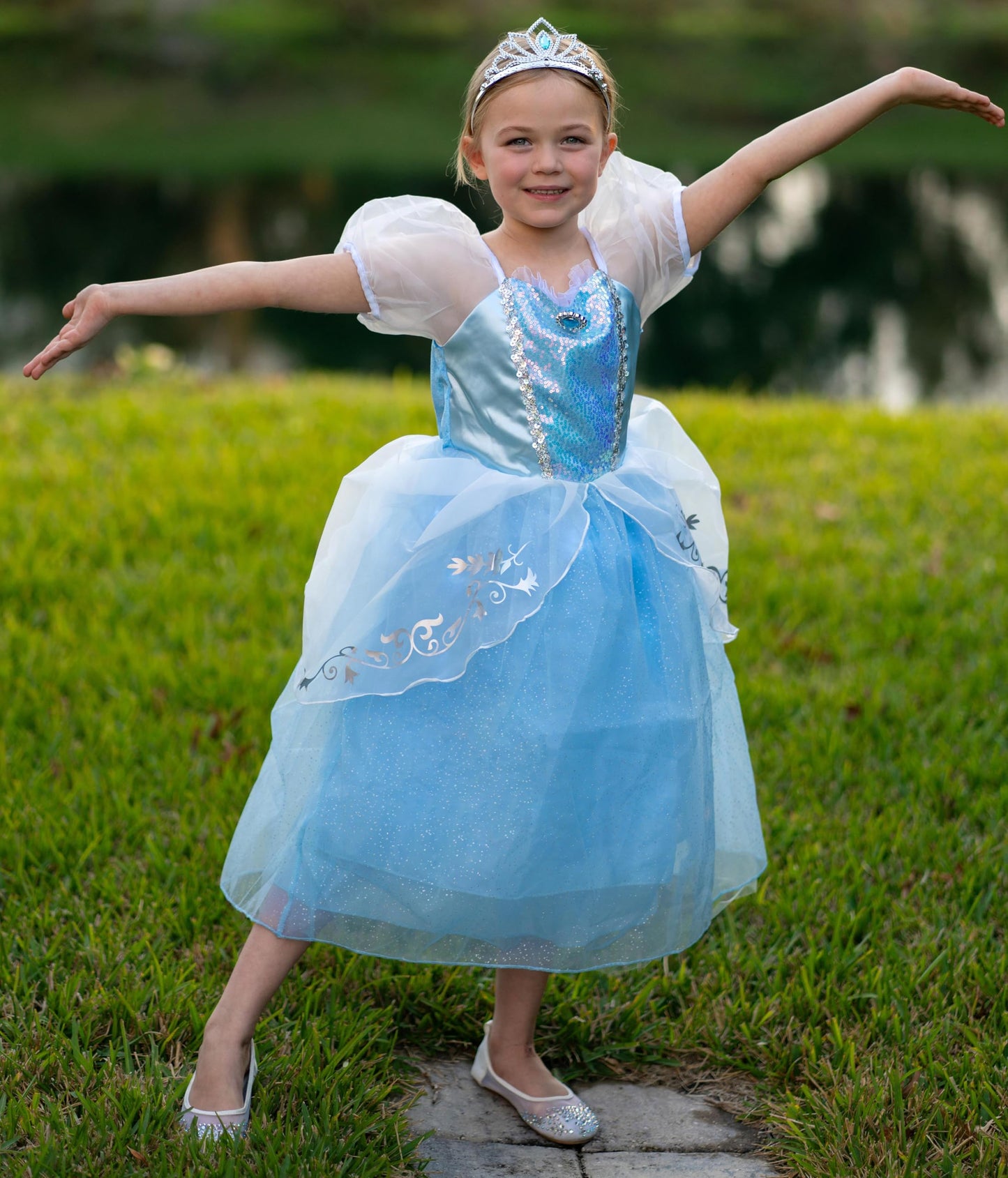 Aolliya Princess Cinderella Dress for Girls Puff Sleeve Princess Costume Fancy Dress Up for Halloween Cosplay Carnival Blue