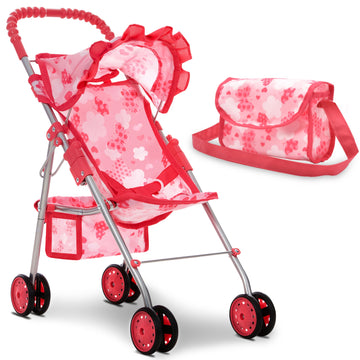 Dolls To Play Baby Doll Stroller For Girls, Toddler Play Toy Buggy Carriage Foldable With Canopy Storage Basket Travel Diaper Ba