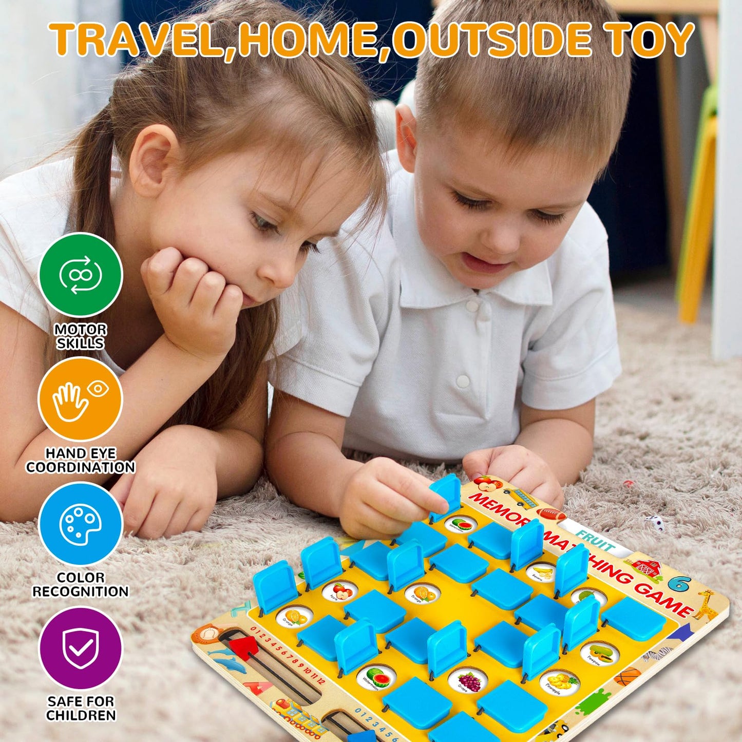 ABERLLS Wooden Matching Memory Game for Kids Age 3-8, Travel Toy, Ideal for Road Trips, Airplane, Camping Activities