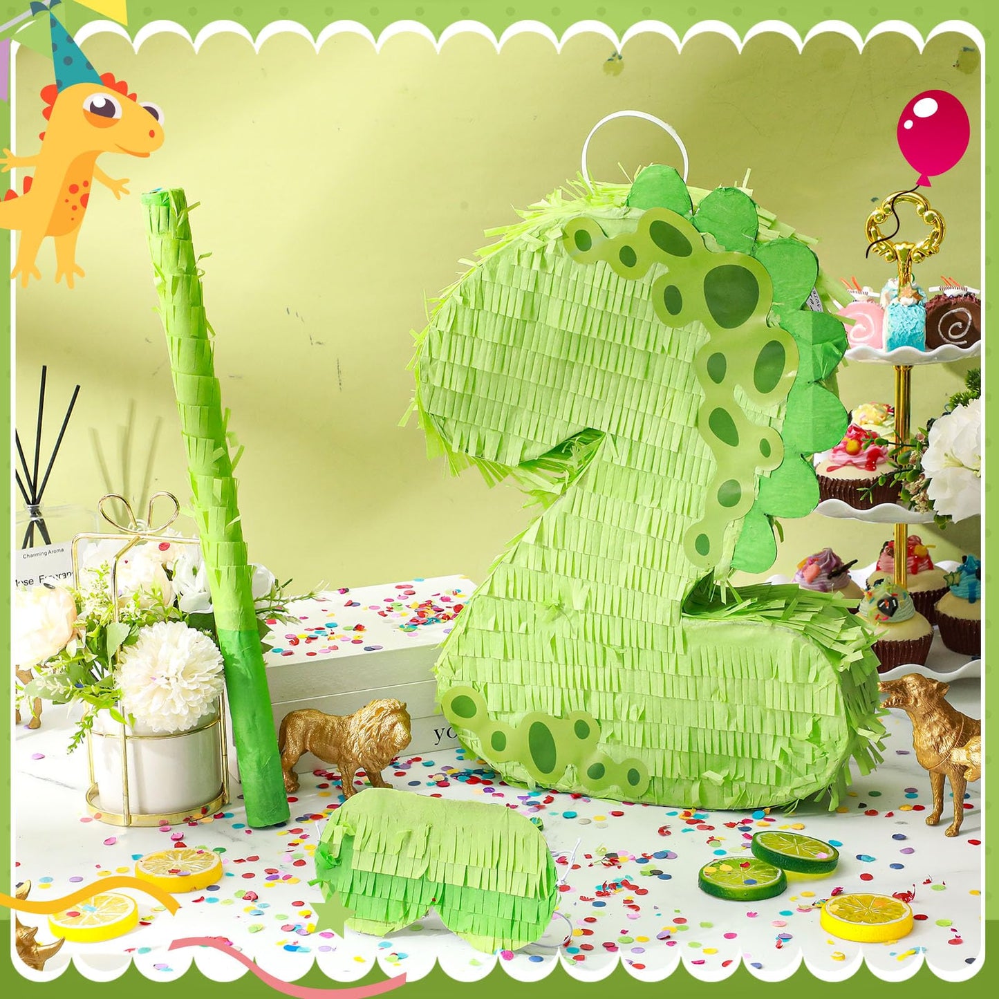 Poen 16 Inch Dinosaur Piata Number Piata for Boys Birthday Party Supplies with Bat and Eye Mask - Dino Decorations, Animal Theme