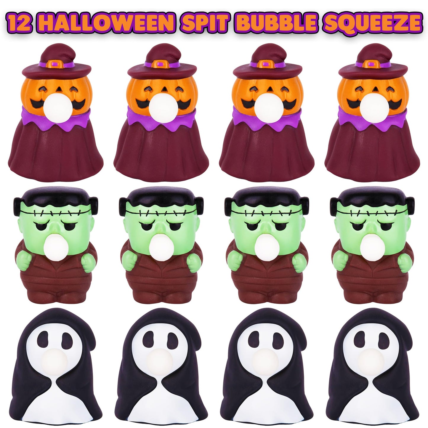 Artcreativity Halloween Spit Bubble Squeeze Toys - Set Of 12 Halloween Squeeze Toys - Squishy Halloween Stress Toys That Blow Bubbles When Squeezed - Non-Candy Halloween Goodie Bag Stuffers For Kids