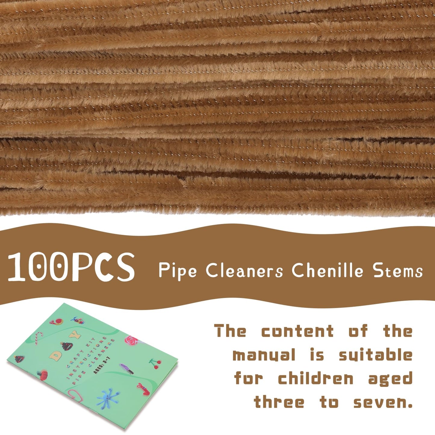 Giwrmu 100 Pieces Pipe Cleaners Chenille Stem, Light Brown Pipe Cleaners Craft, Fuzzy Sticks Craft Supplies, Colored Pipe Cleane