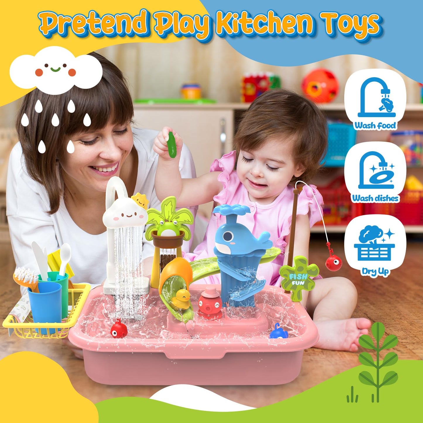 Play Sink with Running Water, 4-IN-1 Kids Kitchen Sink Toys with Electric Faucet, Water Table Floating Pool Toy w/ Fishing Game,