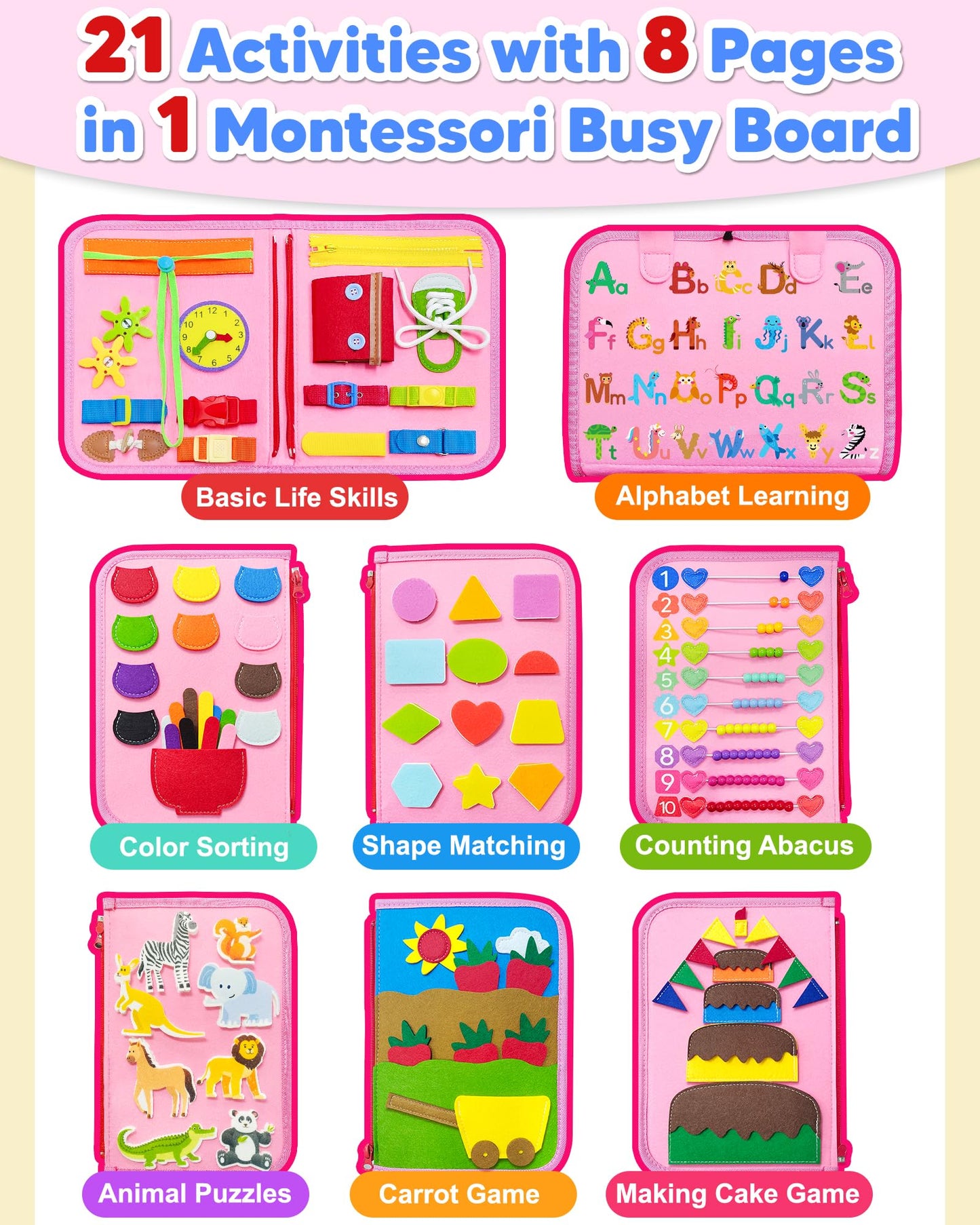 Exorany Busy Board Montessori Toys For 1 2 3 4 Year Old Girl Birthday Gifts, Busy Book Sensory Learning Toys For Toddlers 1-3 2-4, Toddler Girl Travel Educational Activities