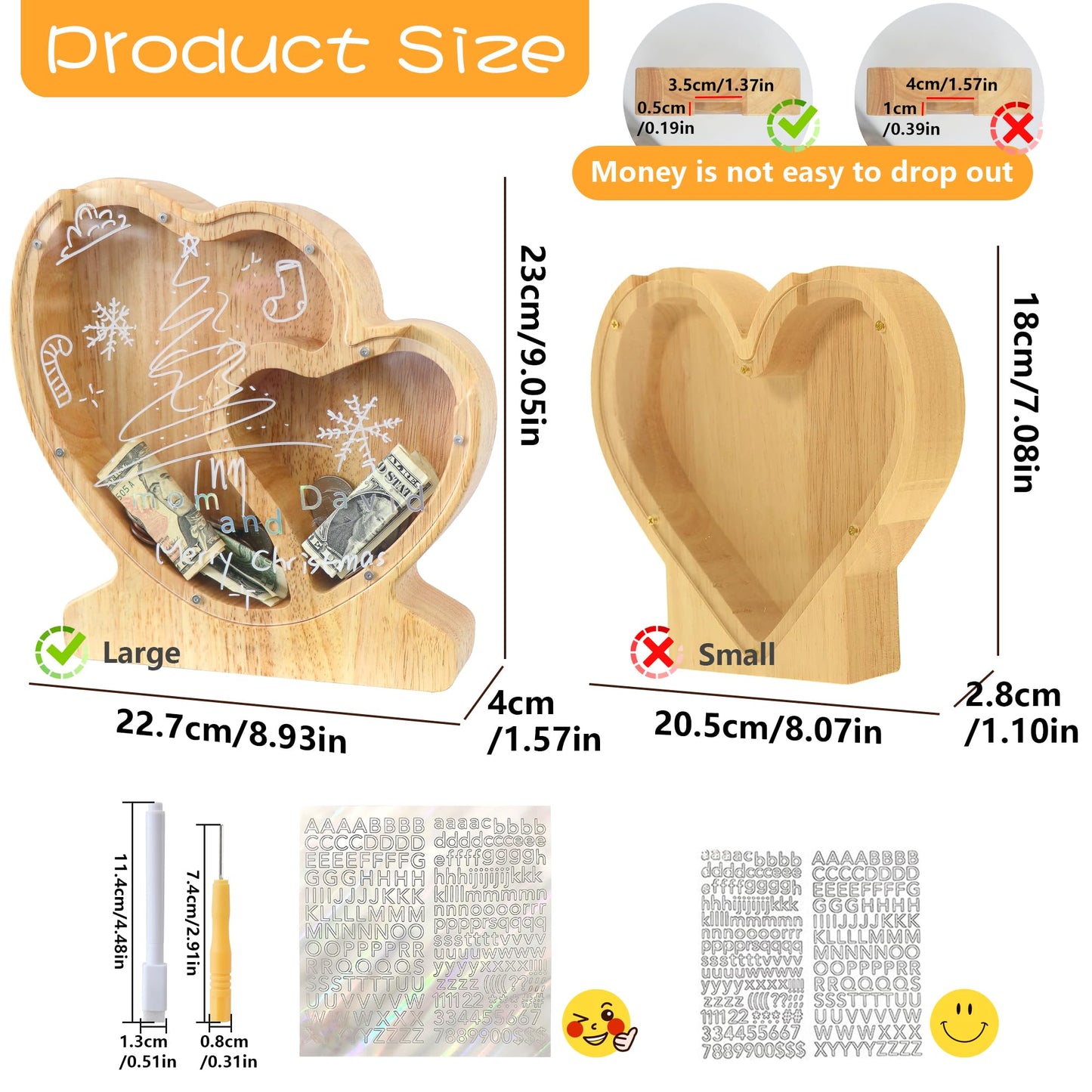 weallbuy Large Letter Piggy Bank for Kids Boys Girls Wooden Personalized Piggy Banks A-Z with Target Area Clear Alphabet Banknote Coin Banks for Gift Decoration Baptism (Love-2)