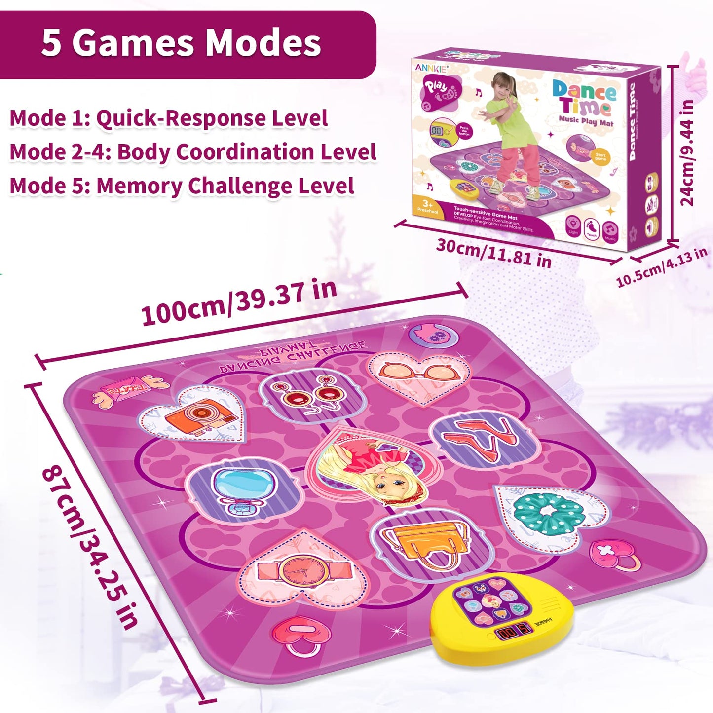 ANNKIE Dance Mat for Kids, Purple, PVC, 34.64'' x 39.37'', 5 Game Modes, Ideal for Ages 3-8, Perfect Birthday/Xmas Gift