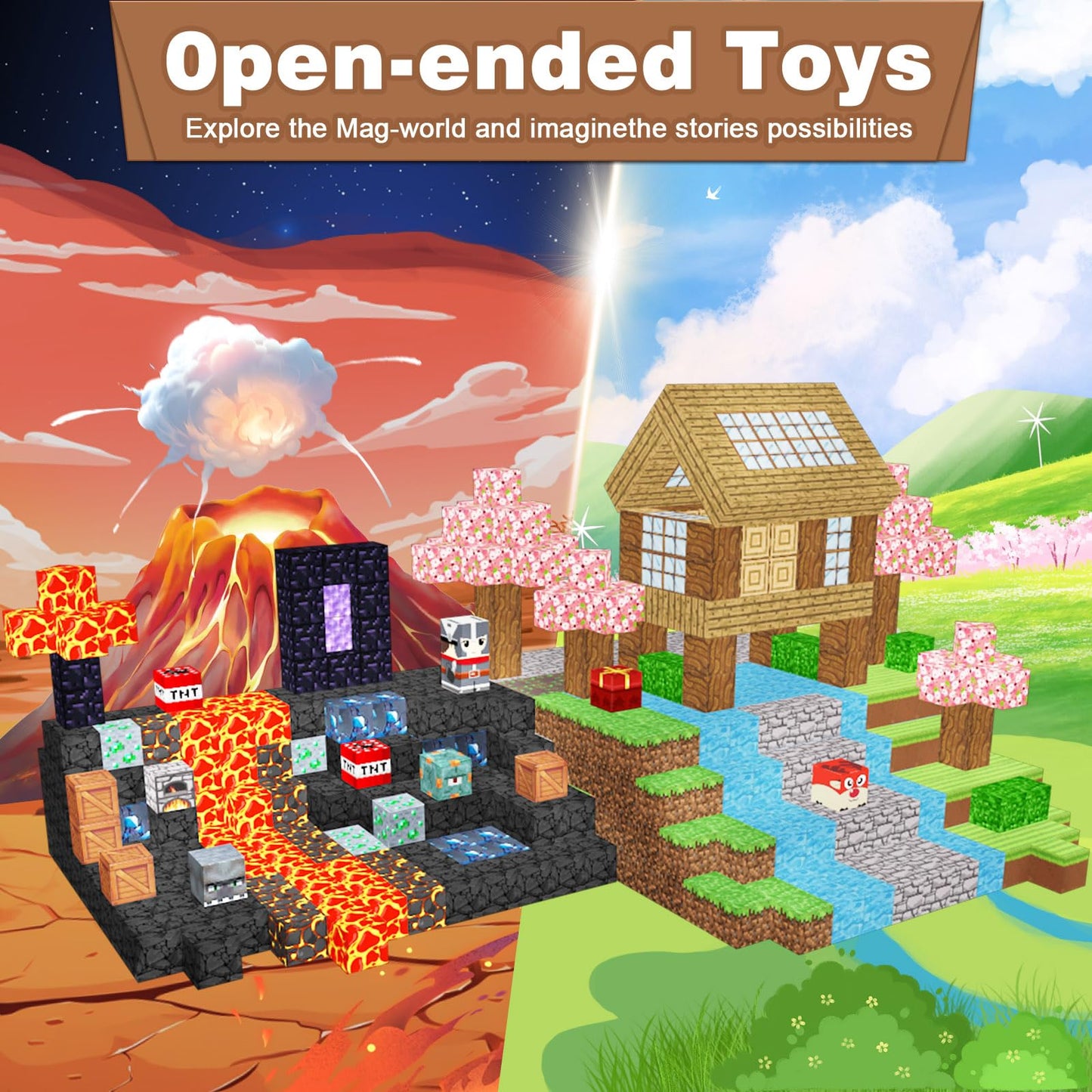 OLIA DESIGN Magnetic Blocks, 100PCS Build Magnet Magic Portal Set, Build with Cubes Tiles, STEM Building Game Sensory Surprise f