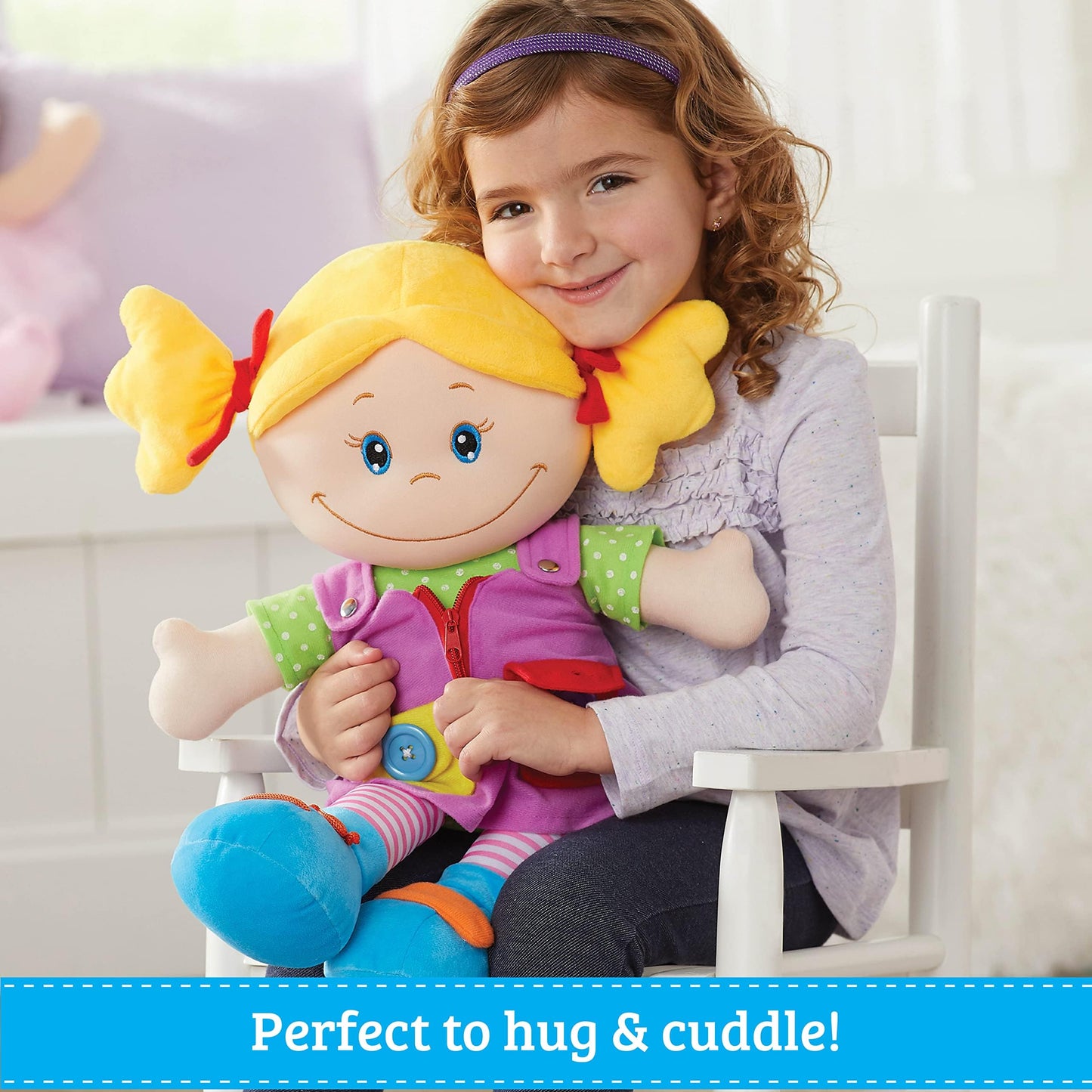 Love & Learn 17'' Educational Soft Girl Doll With Zipper, Button, Snap, Shoe Tie, & Self Fastening Skills, Montessori Learning D