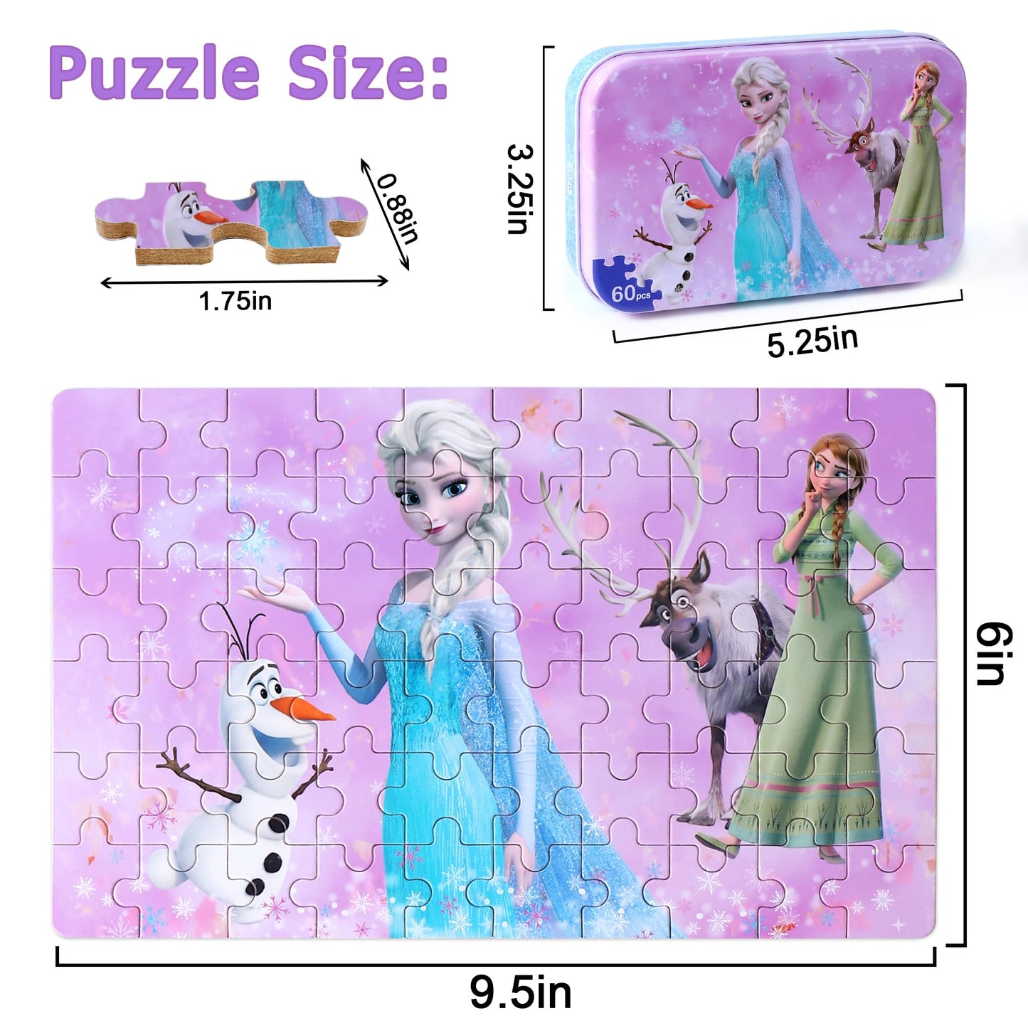 Lelemon Pretty Girl Puzzles For Kids Ages 4-8, 60 Piece Snowman Puzzles For Kids Ages 3-5,Children Jigsaw Puzzles Kids Puzzles In A Metal Box,Educational Learning Puzzle Toys For Girls And Boys