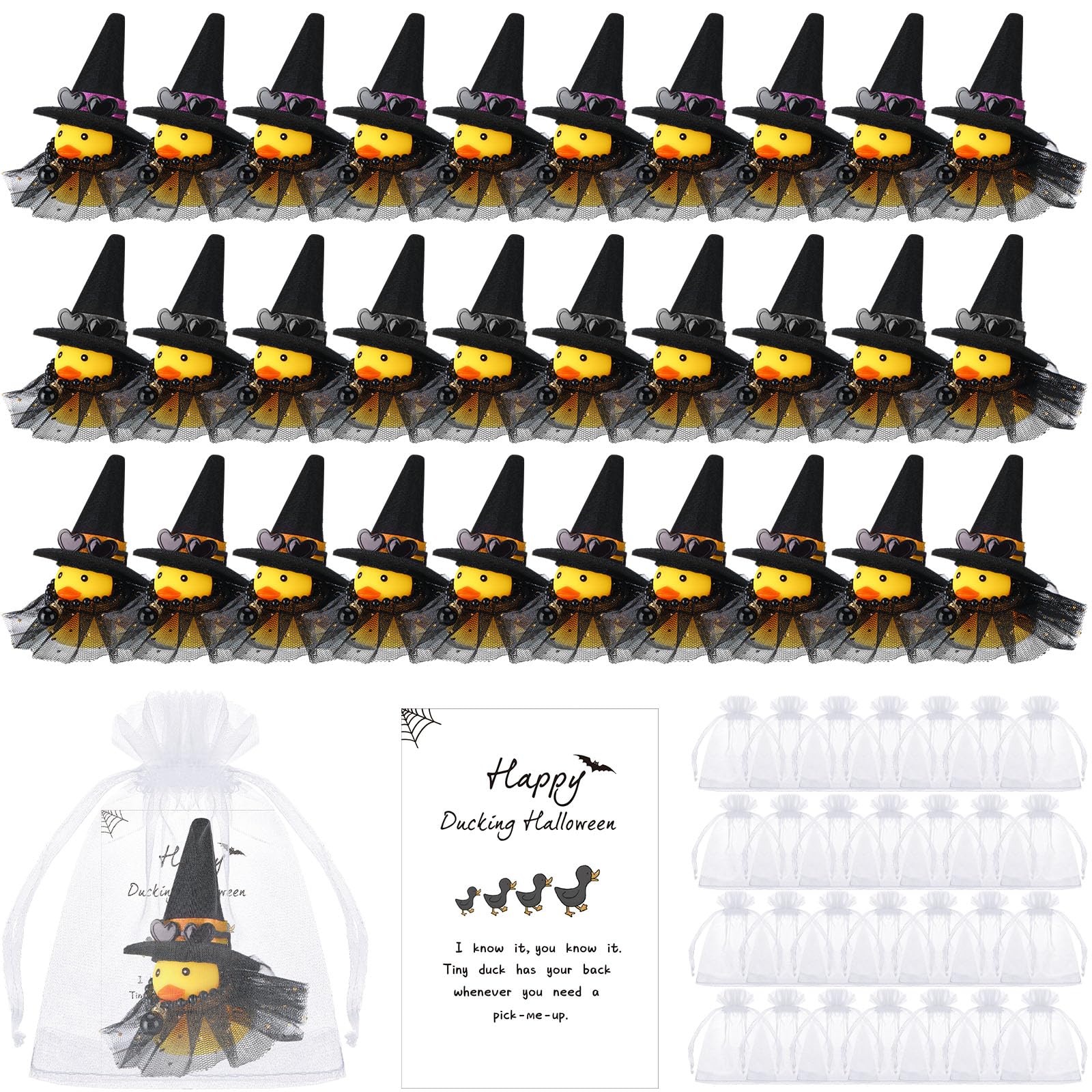 Lunmon 200 Pcs Halloween Party Favors 50 Pcs Halloween Witch Rubber Duck 2 Inch Small Sunglass Duck for Bath Pool 50 Card 50 Org