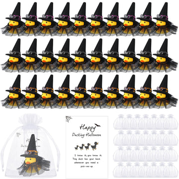 Lunmon 200 Pcs Halloween Party Favors 50 Pcs Halloween Witch Rubber Duck 2 Inch Small Sunglass Duck for Bath Pool 50 Card 50 Org