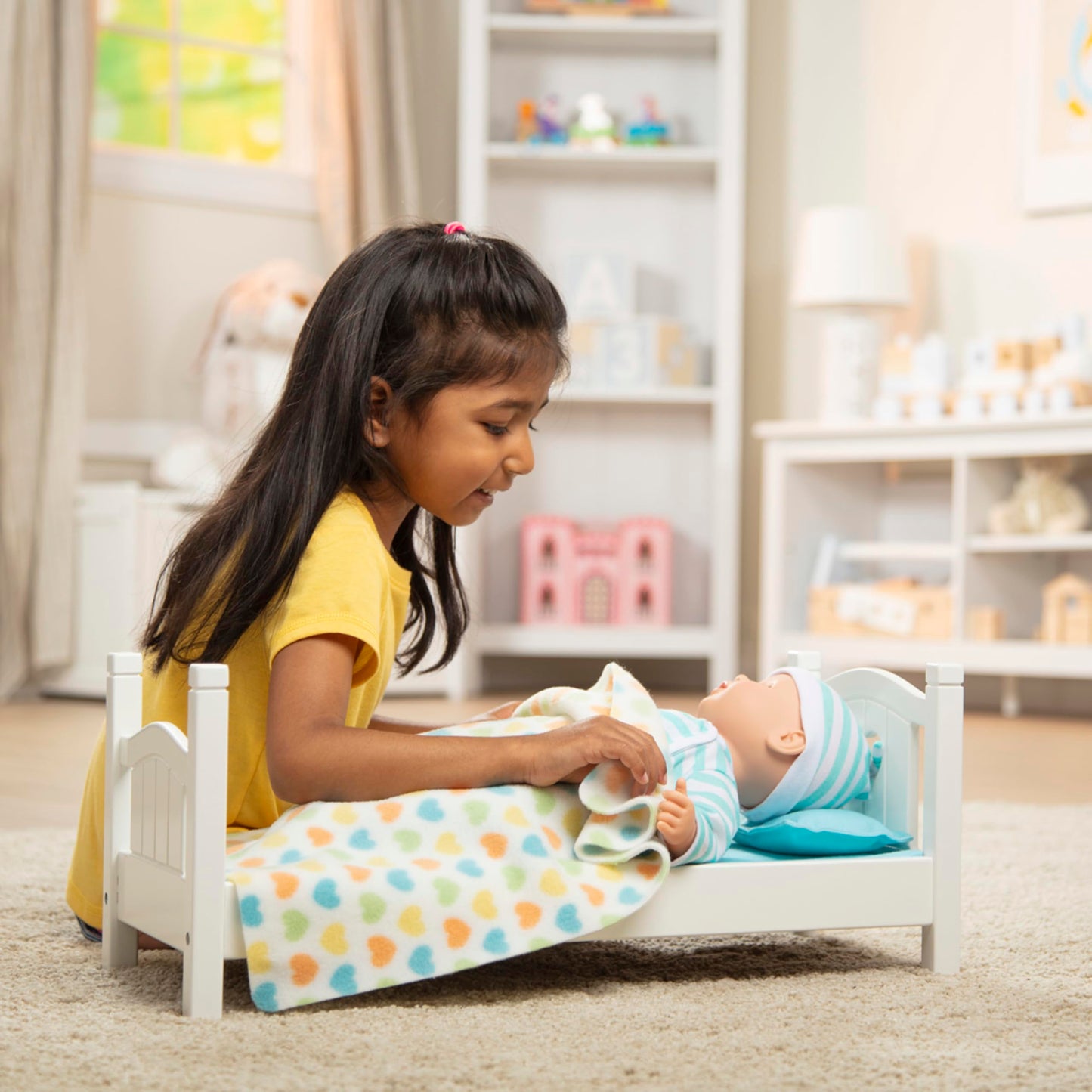 Melissa & Doug Mine To Love Wooden Play Bed For Dolls, Stuffed Animals - White (8.7   H X 9.1   W X 20.7   L Assembled)