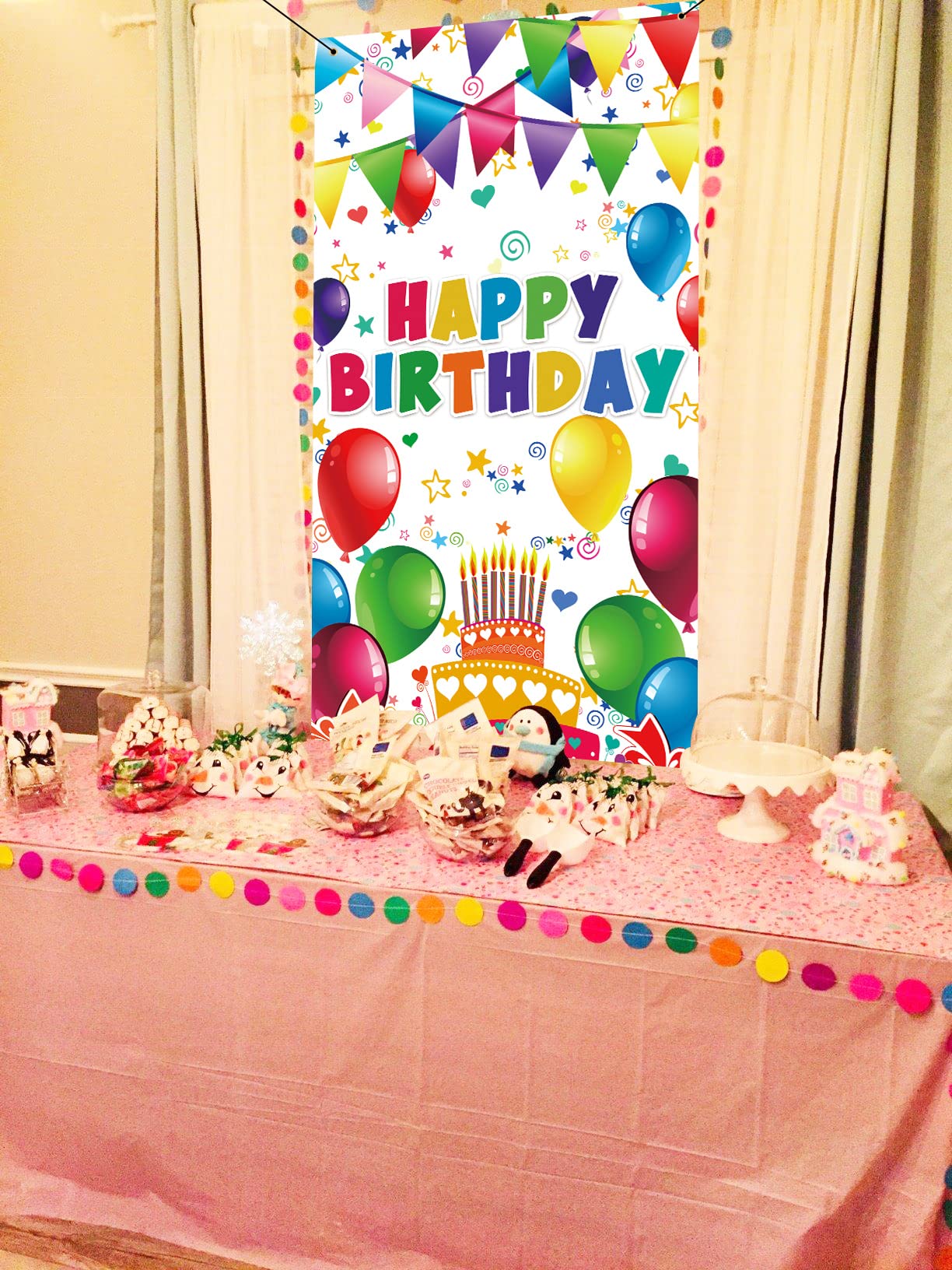 3X6Ft Colorful Kids Birthday Party Door Banner Children Newborn Baby Shower Happy Birthday Background Balloons Candy Bar Gifts B