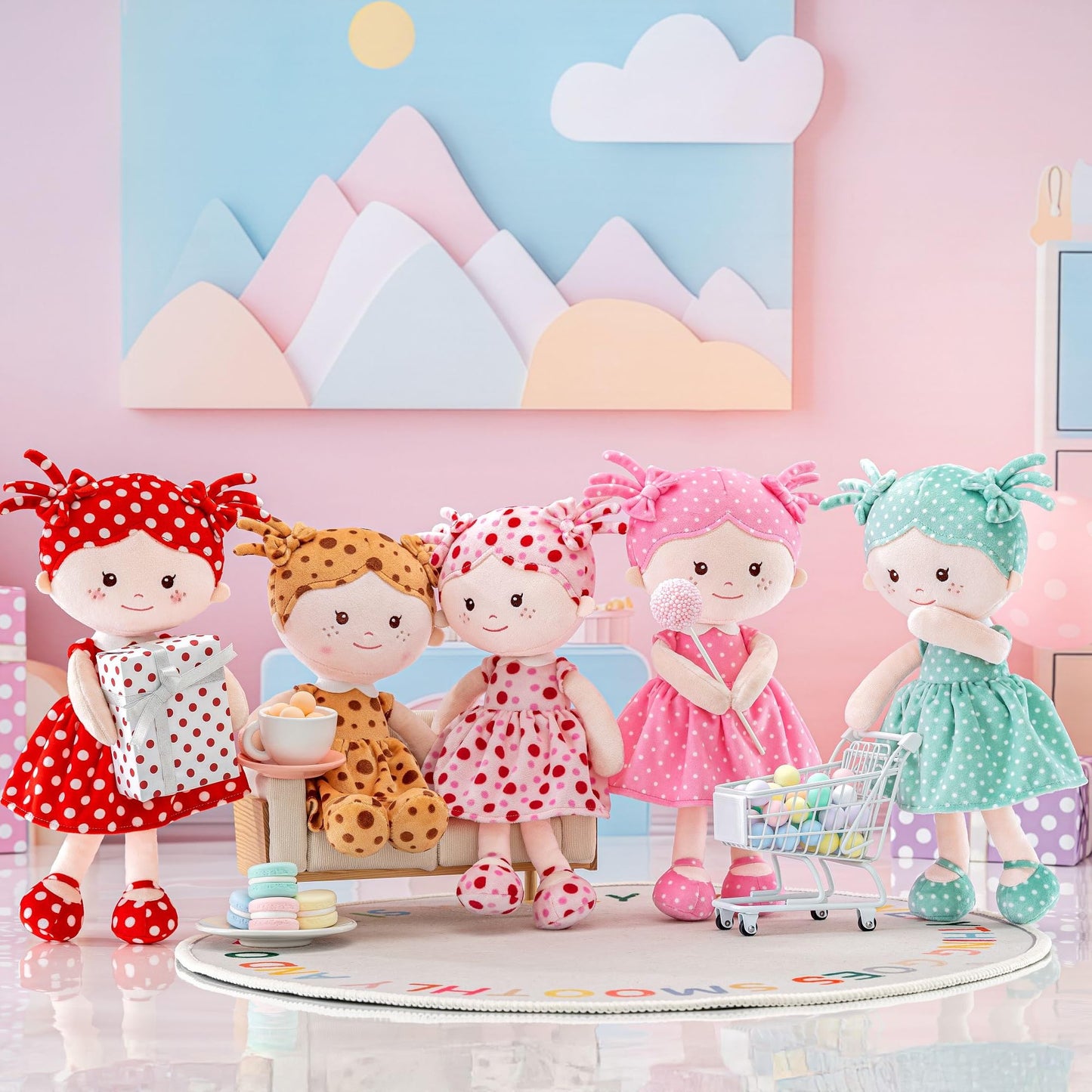 Onetoo First Baby Doll Soft Baby Doll For Girls Plush Rag Doll Sleeping Cuddle Buddy Doll Wear Pink Dress Red Polka Dot 14'