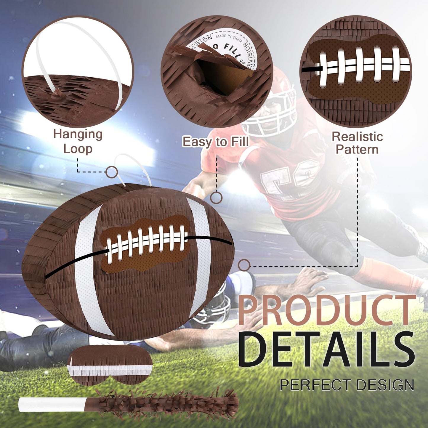 Waenerec Football Pinata With Pinata Stick & Hanging Football Party Decorations Football Games For Boys 8-12 Kids Football Toys Sport Themed Birthday Party Supplies