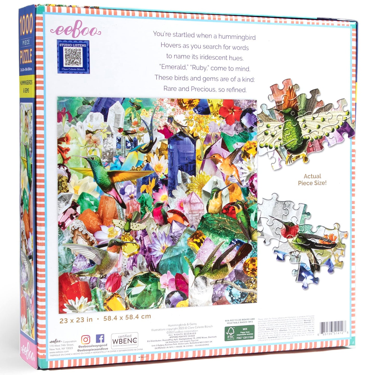 eeBoo: Piece and Love Hummingbirds and Gems 1000 Piece Square mature-themed Jigsaw Puzzle  23 x 23 When Completed  Sturdy Puzzle Pieces  for Ages 14 and up