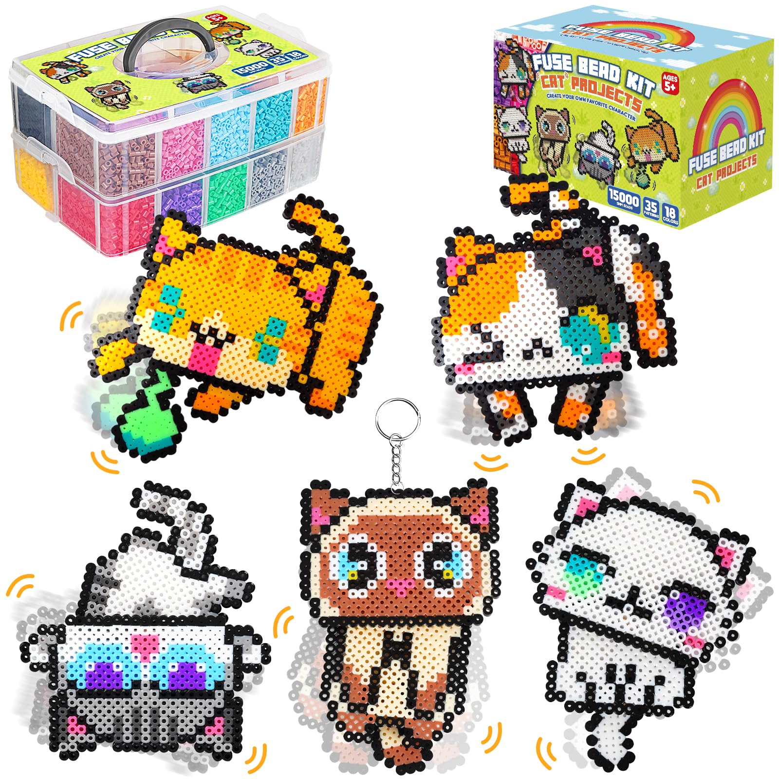 FunzBo 15000 5mm Fuse Beads Kit - 18 Colors Fuse Beads Set with 5 Cat Patterns, Christmas Gifts for Kids, Home School Arts and C