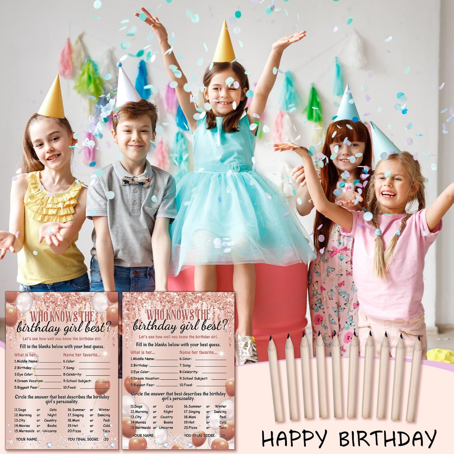 ZOIIWA Birthday Game Cards Set - 50 Pcs Pink Sprinkles with 10 Pre Pointed Pencils for Teen Girls Sleepover Party