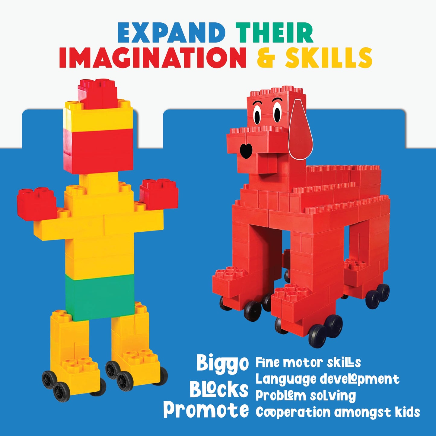 Big Building Blocks - Blocks and Wheels - Toddlers and Kids Ages 4-8 - Large Indoor Outdoor Games - 10 PC Wheel Set