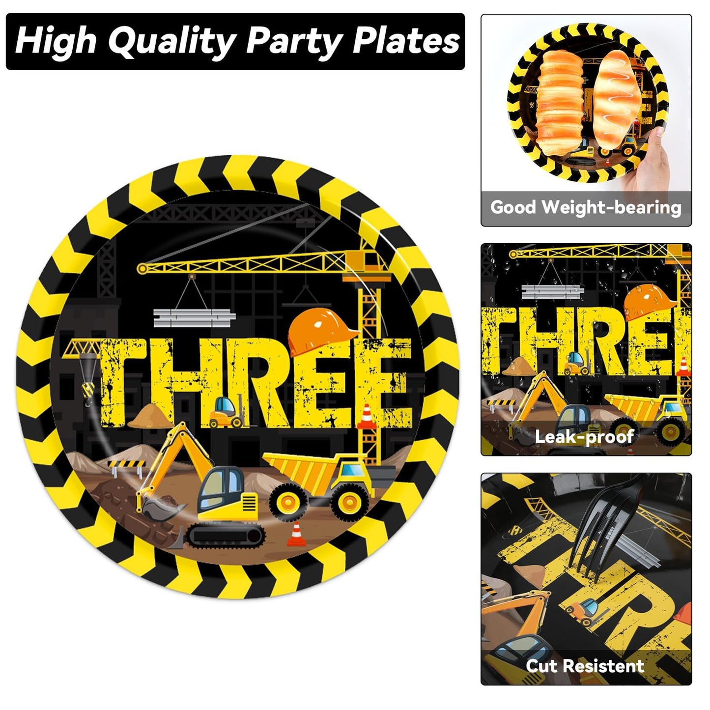 Qyeahkj 100 Pcs Construction 3Rd Birthday Party Tableware Set 3 Years Old Birthday Dinnerware Disposable Construction Plates Nap