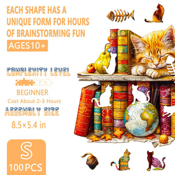 Wooden Puzzles for mature-themeds  Dreamy Tabby Cat Wooden Jigsaw Puzzles for mature-themeds  Library Kitten Wood Puzzles mature-themed  Unique Animal Shape  Gifts for Cat Lovers & Friends  Home Decor (S-8.5 * 5.4in-100pcs)