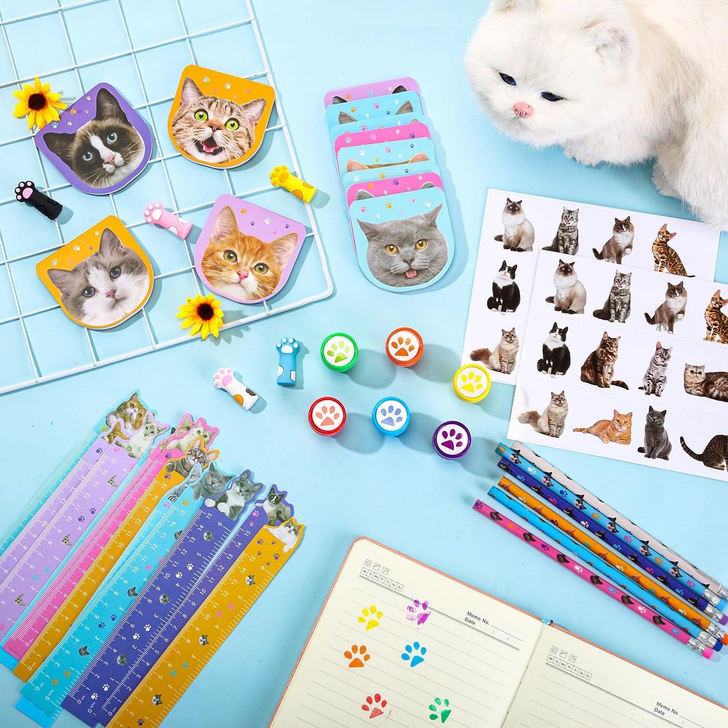 PerKoop 168 Pcs Cat Party Favors Set Cat Pencil Mini Notebook Sticker Stamp Stationery Cat Themed Party Favor for Kitten Animal