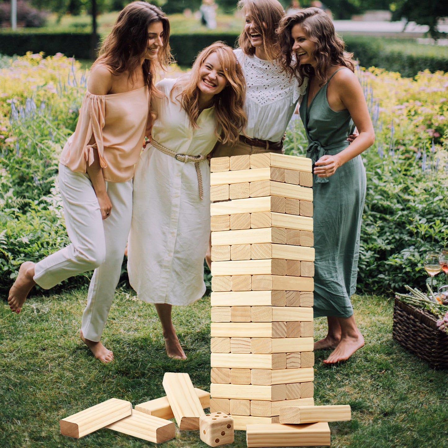 Gorock Large Size Tumble Tower 60 Pcs Wooden Block Stacking Games Stacks Over 5Ft Classic Indoor Outdoor Lawn Family Party Games