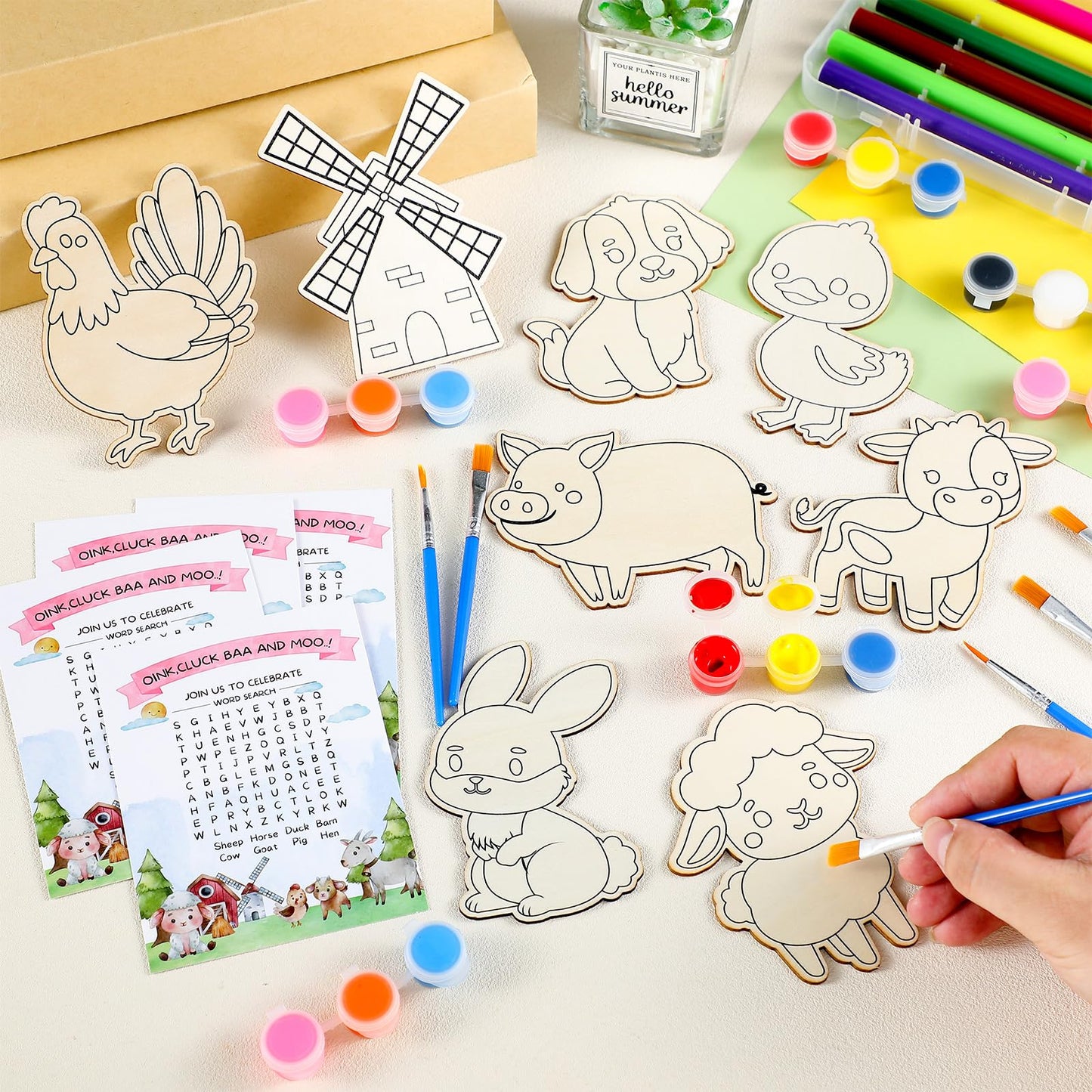 VioraWhite 24 Set Birthday Party Favor Craft Include 24 Pcs DIY Wooden Painting Art Kit 24 Pcs Bubble Wand 24 Gift Card Wood Col