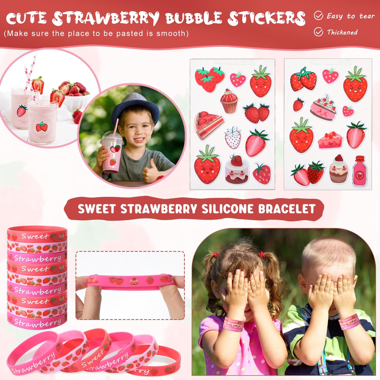 Sayglossy Strawberry Party Favors Set - 251 Pcs Gift Bags, Pencils, Notebooks, Bracelets, Keychains, Stickers - Perfect for Birthdays & Showers