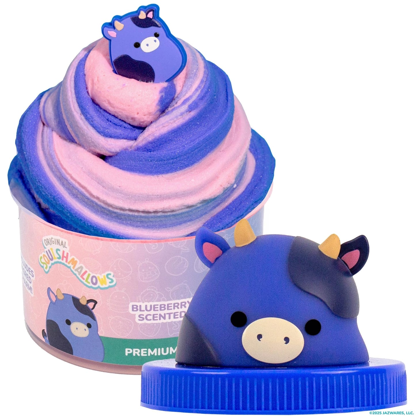 Original Squishmallows Ingrid The Cow enhanced Cloud Slime  Blueberry-Scented  8 oz.  Storage Container with Figurine Topper  Rubber Charm  Goodie Bags Stuffers  Kids Party Favors  Sensory Toys