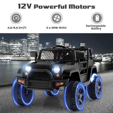 Olakids Kids Ride On Truck, 12V Electric Vehicle Jeep Car With Remote Control, Toddlers Battery Powered Toy With 2 Speeds, Spring Suspension, Double Open Doors, Led Lights, Music, Tf, Usb, Mp3 (Black)