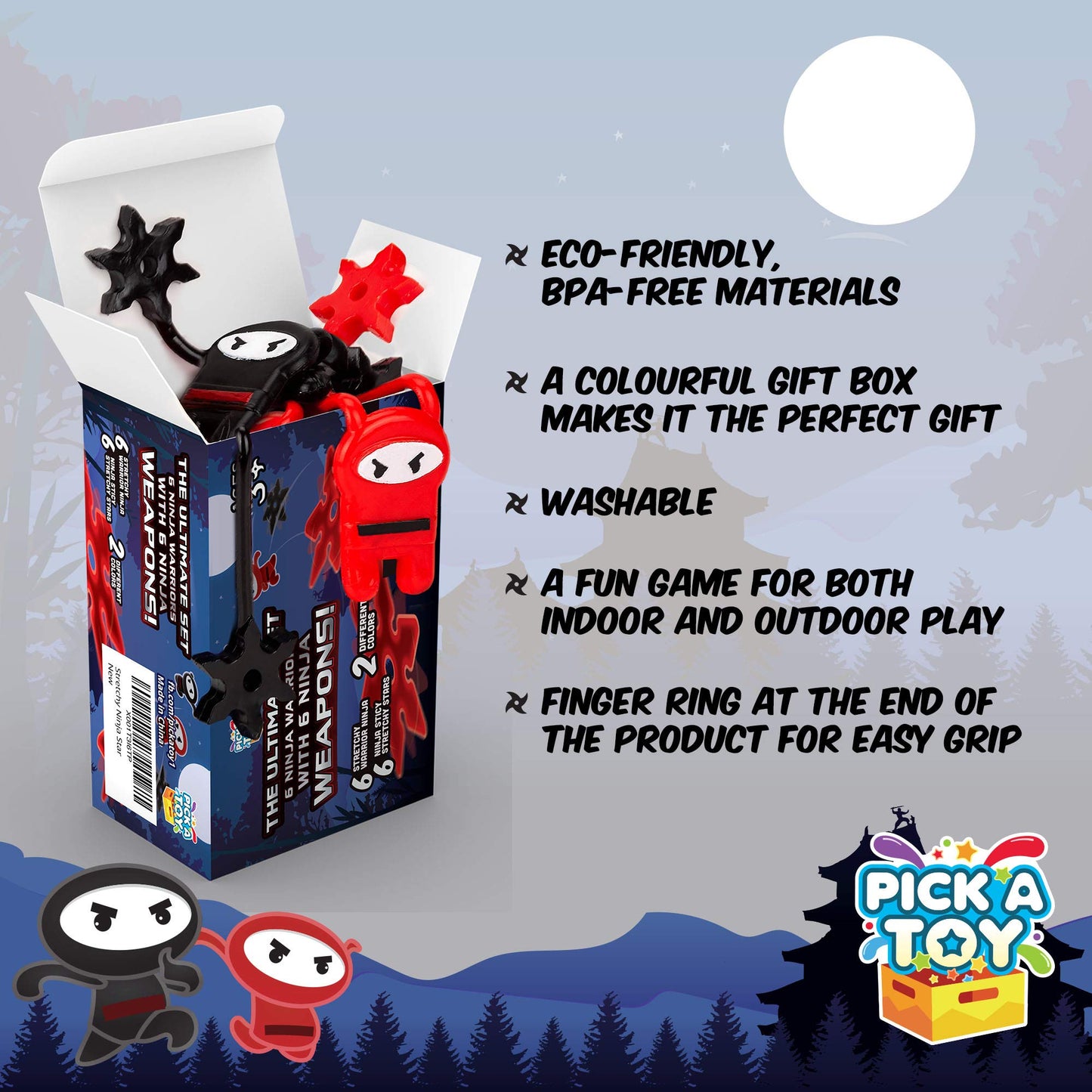 PICK A TOY 12 Pc. Ninja Toys Set with Stretchy Flying Ninjas and Colorful Throwing Stars Slingshots, Flexible and Sticky Elastic